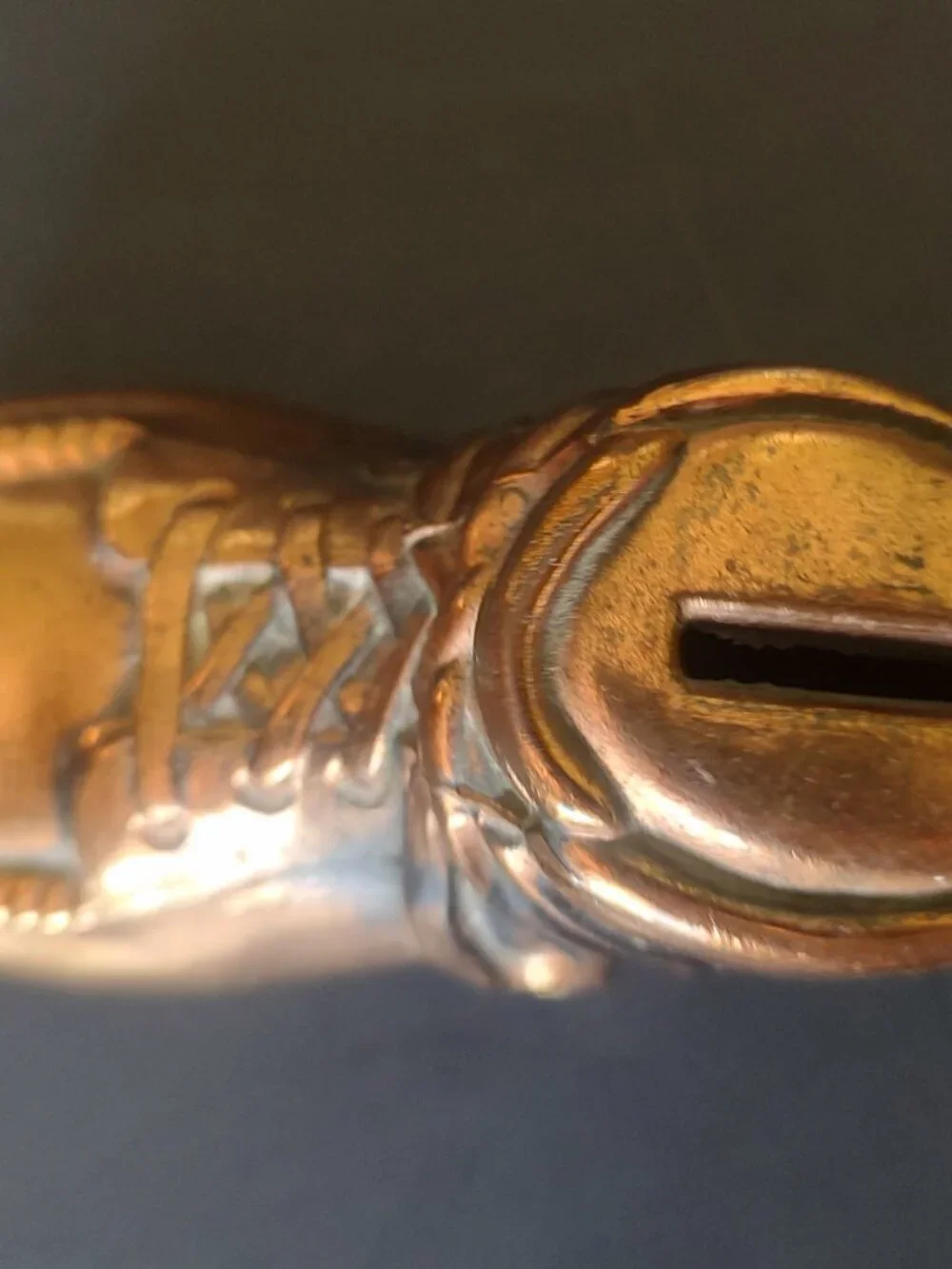 Vintage Bronze Baby Shoe Coin Piggy Bank Copper Color Plated Cast Metal